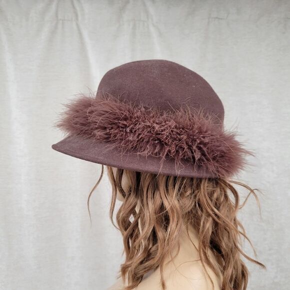 Arlington Hat Co Wool Chocolate Brown With feather band Bucket Hat Church Felt - Picture 9 of 16